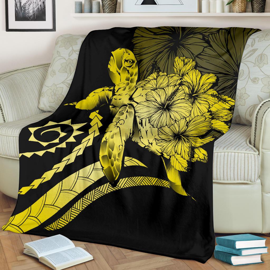 Hawaii Turtle Hibiscus Polynesian Vintage Premium Blanket - Yellow - Polynesian Pride