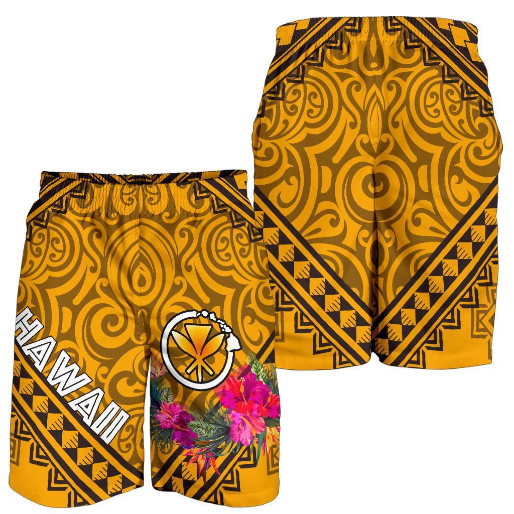 Hawaii Men's Shorts - Kanaka Maoli With Hibiscus On Polynesian Patterns (YELLOW) - Polynesian Pride