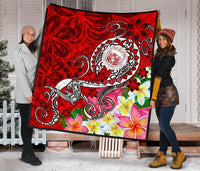 Hawaii Polynesian Premium Quilt - Hawaii Seal With Turtle Plumeria (Red) - Polynesian Pride