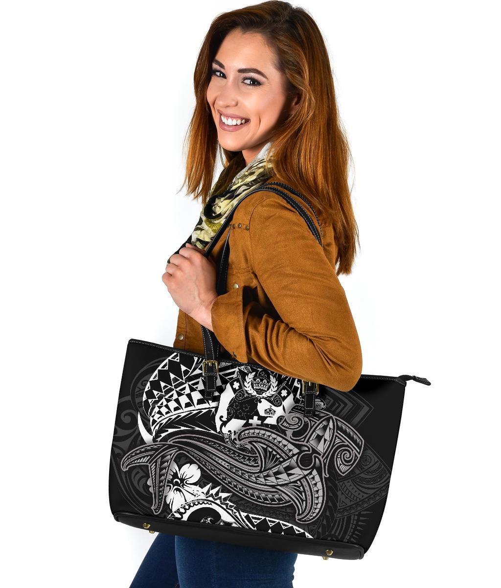 Tonga Leather Tote Bag - White Shark Polynesian Tattoo - Polynesian Pride