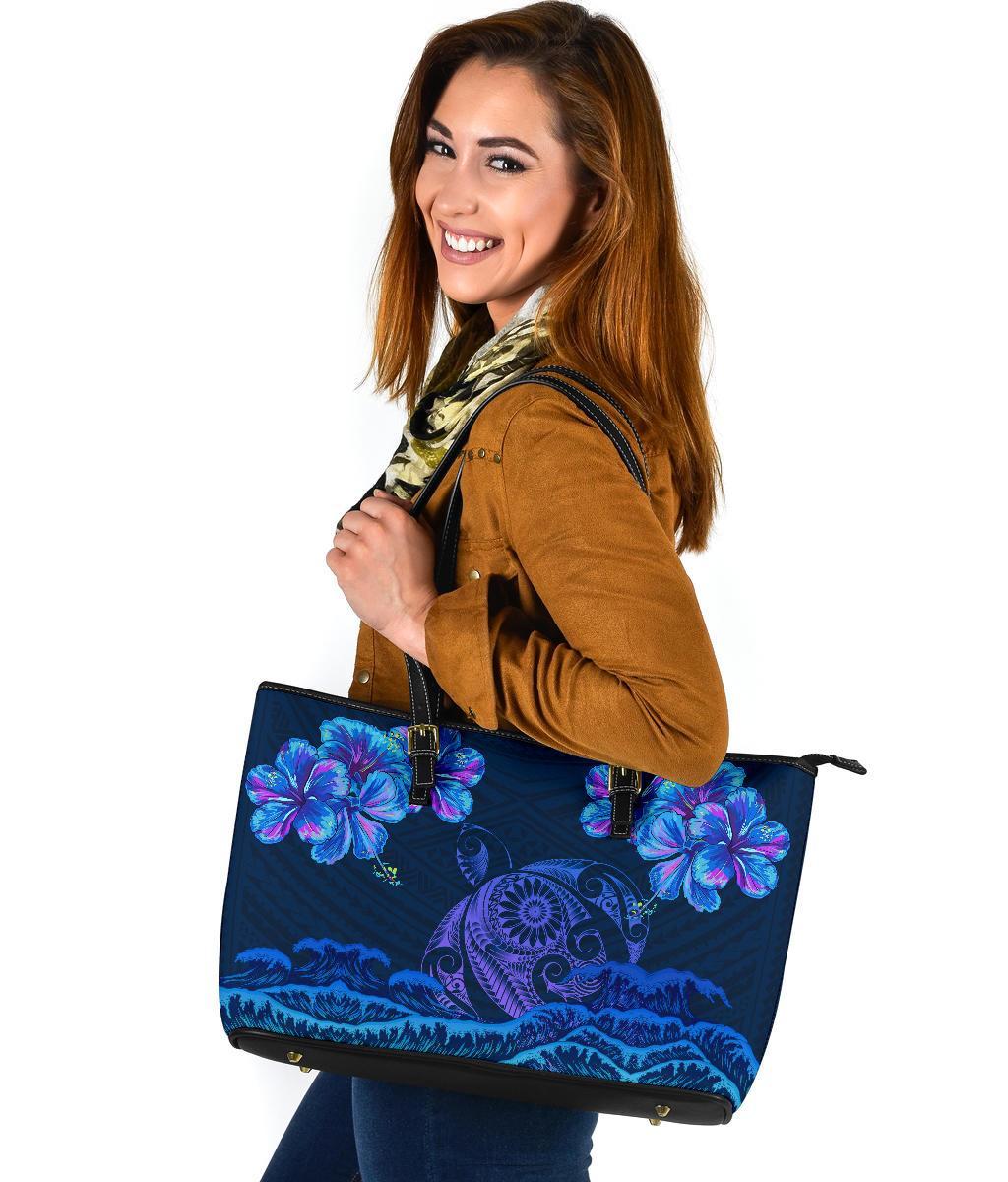 Hawaii Turtle Hibiscus Polynesian Large Leather Tote Bag - Lucy Style - AH - Polynesian Pride