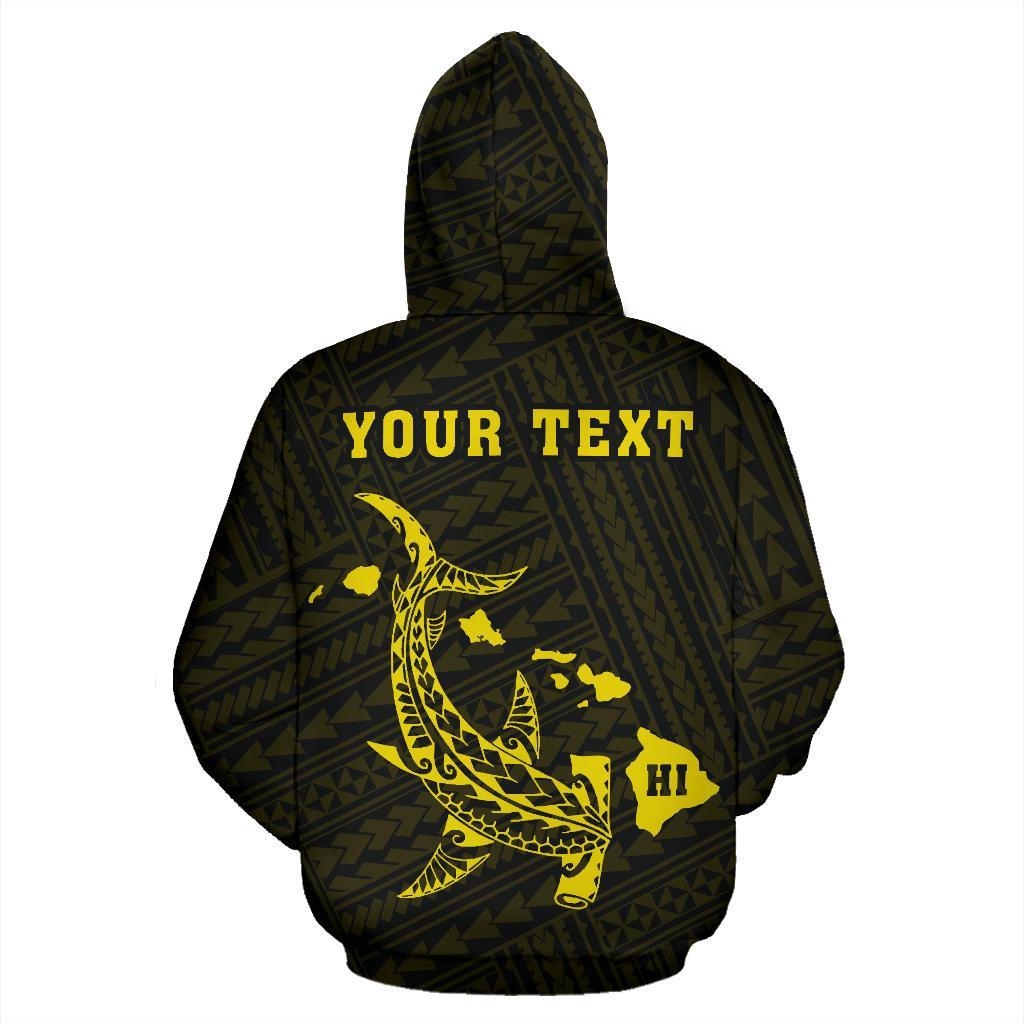 Polynesian Kakau Hammerhead Shark Map of Hawaii Custom Zip Hoodie Yellow - Polynesian Pride