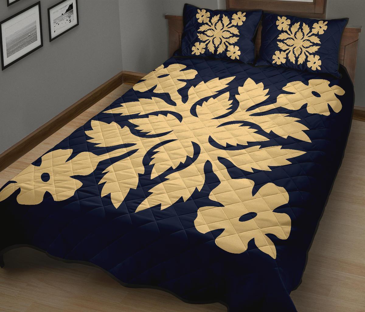 Hawaiian Quilt Bed Set Royal Pattern - Indigo - B2 Style - Polynesian Pride