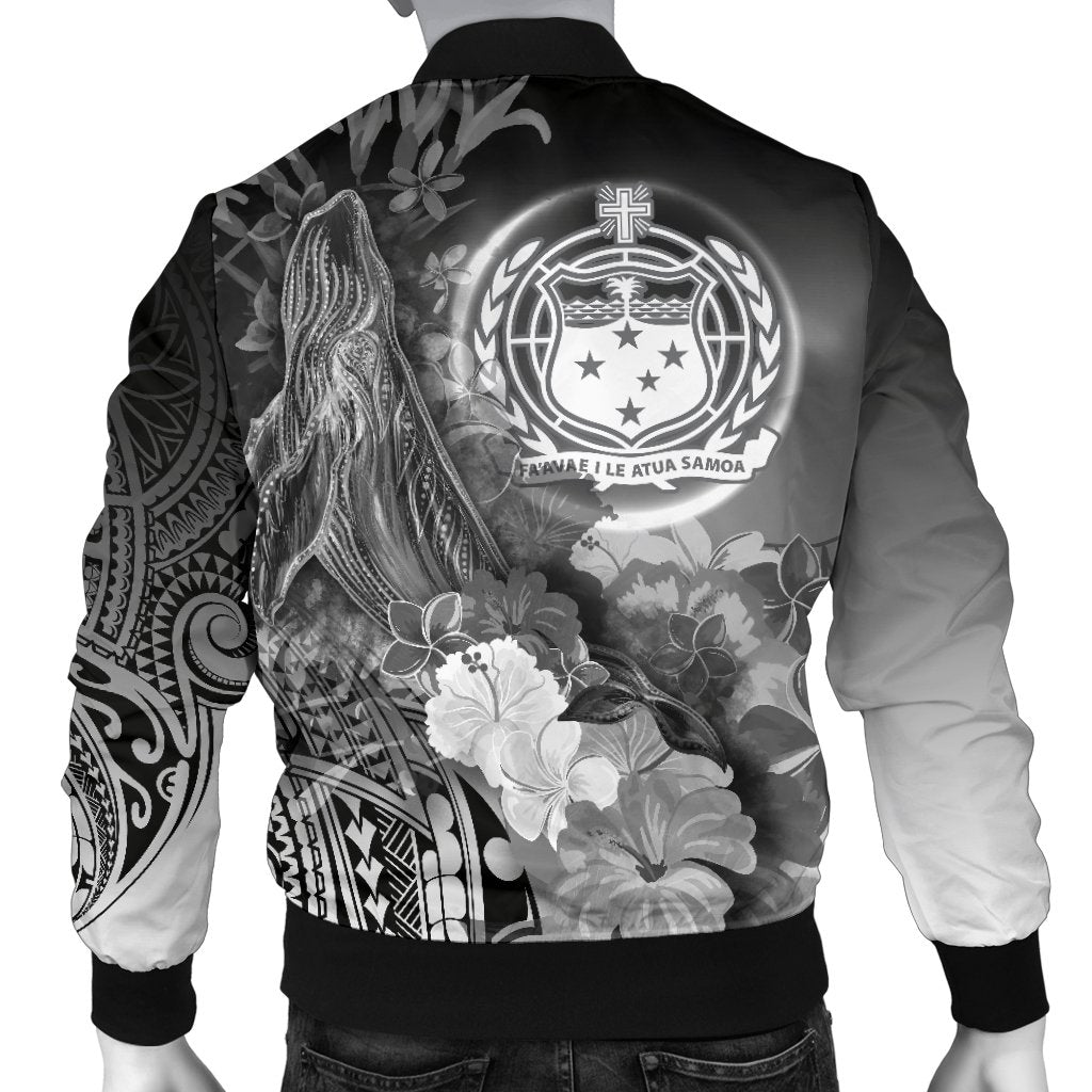 Custom Personalised Samoa Men's Bomber Jacket- Humpback Whale with Tropical Flowers (White) - Polynesian Pride