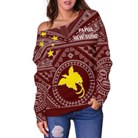 Papua New Guinea Women's Off Shoulder Sweater - Flag With Polynesian Patterns (Red) - Polynesian Pride