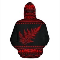 New Zealand Maori Hoodie, Aotearoa Silver Fern Pullover Hoodie Red - Polynesian Pride