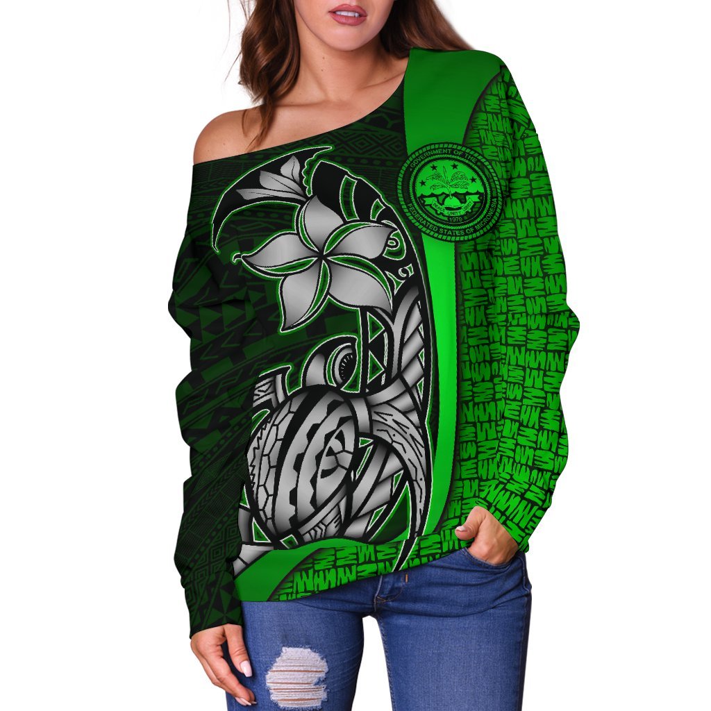 Federated States of Micronesia Women Off Shoulder Sweater Green - Turtle With Hook - Polynesian Pride