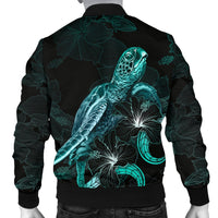 Samoa Polynesian Men's Bomber Jacket - Turtle With Blooming Hibiscus Turquoise - Polynesian Pride