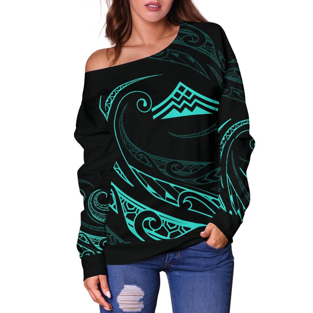 Hawaiian Mauna Kea Polynesian Women's Off Shoulder Sweater - Turquoise - Frida Style - Polynesian Pride
