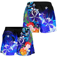 Pohnpei Women's Shorts - Humpback Whale with Tropical Flowers (Blue) - Polynesian Pride