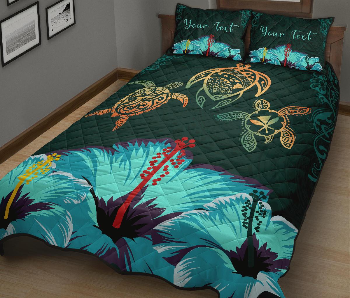 Personalized - Hawaii Map Turtle Hibiscus Polynesian Luxury Quilt Bed Set - Honu Ohana - Polynesian Pride