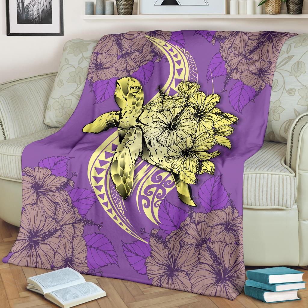 Hawaii Polynesian Turtle Hibiscus Premium Blanket - Yellow - Polynesian Pride