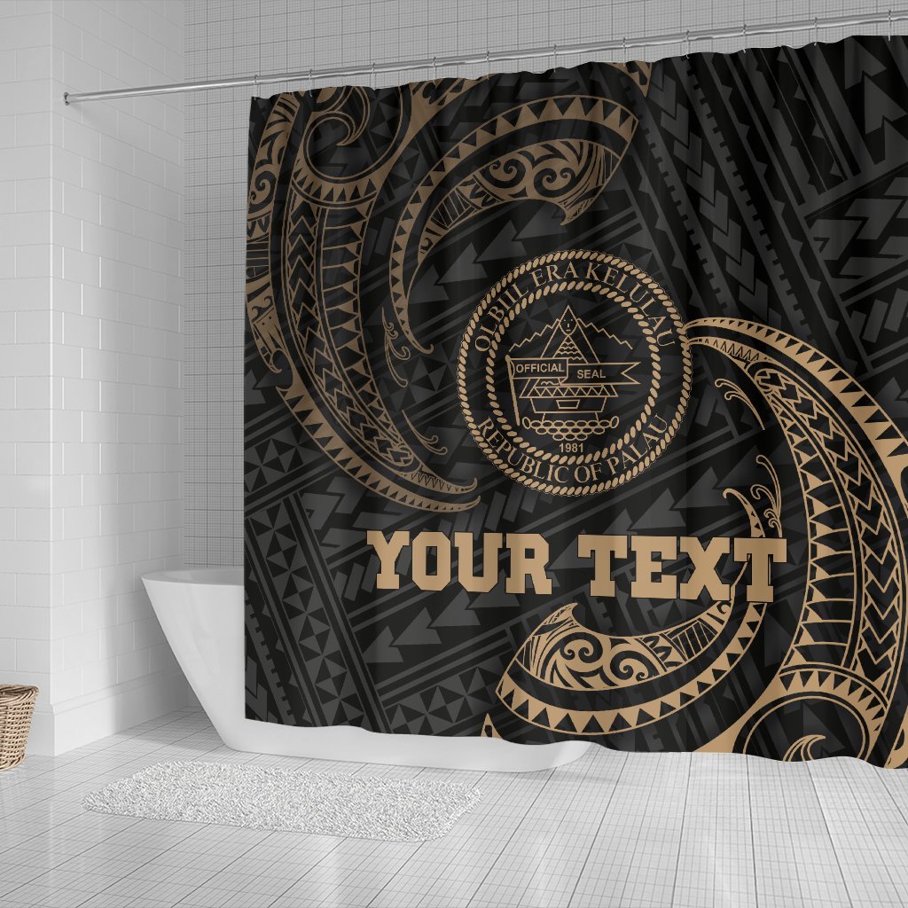 Palau Polynesian Custom Personalised Shower Curtain - Gold Tribal Wave - Polynesian Pride