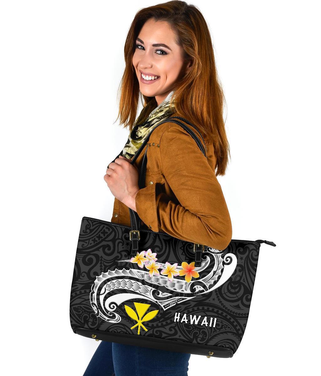 Hawaii Leather Tote Bag - Kanaka Maoli Polynesian Patterns Plumeria (Black) - Polynesian Pride