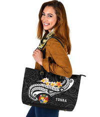 Tonga Leather Tote Bag - Tonga Seal Polynesian Patterns Plumeria (Black) - Polynesian Pride