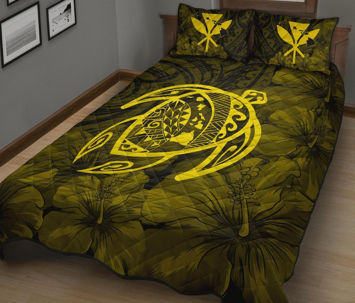 Hawaii Turtle Kanaka Map Hibiscus Poly Quilt Bed Set - Yellow - Polynesian Pride