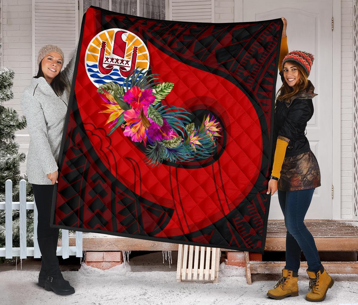 Tahiti Premium Quilt - Polynesian Hook And Hibiscus (Red) - Polynesian Pride