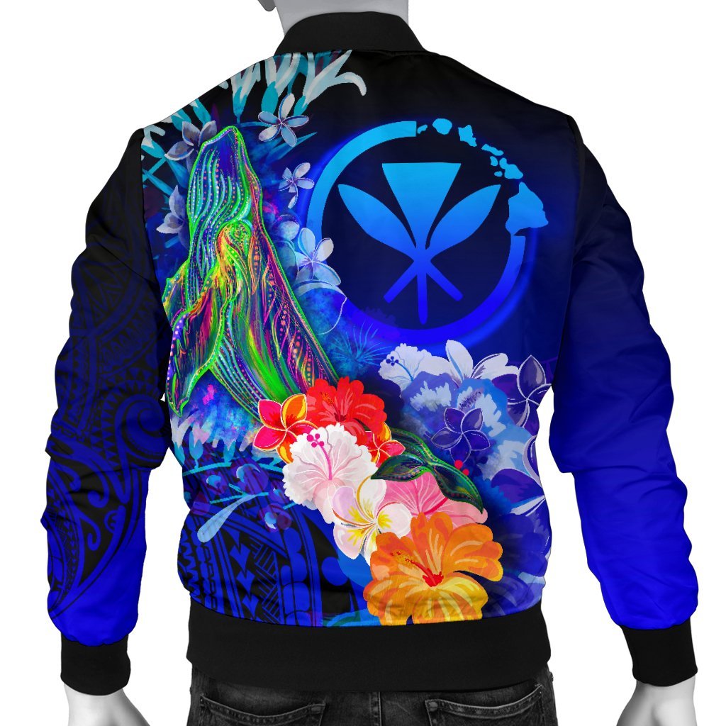 Polynesian Hawaii Custom Personalised Men's Bomber Jacket - Kanaka Maoli Humpback Whale with Tropical Flowers (Blue) - Polynesian Pride
