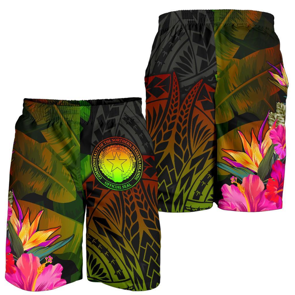 Northern Mariana Islands Polynesian Men's Shorts - Hibiscus and Banana Leaves - Polynesian Pride