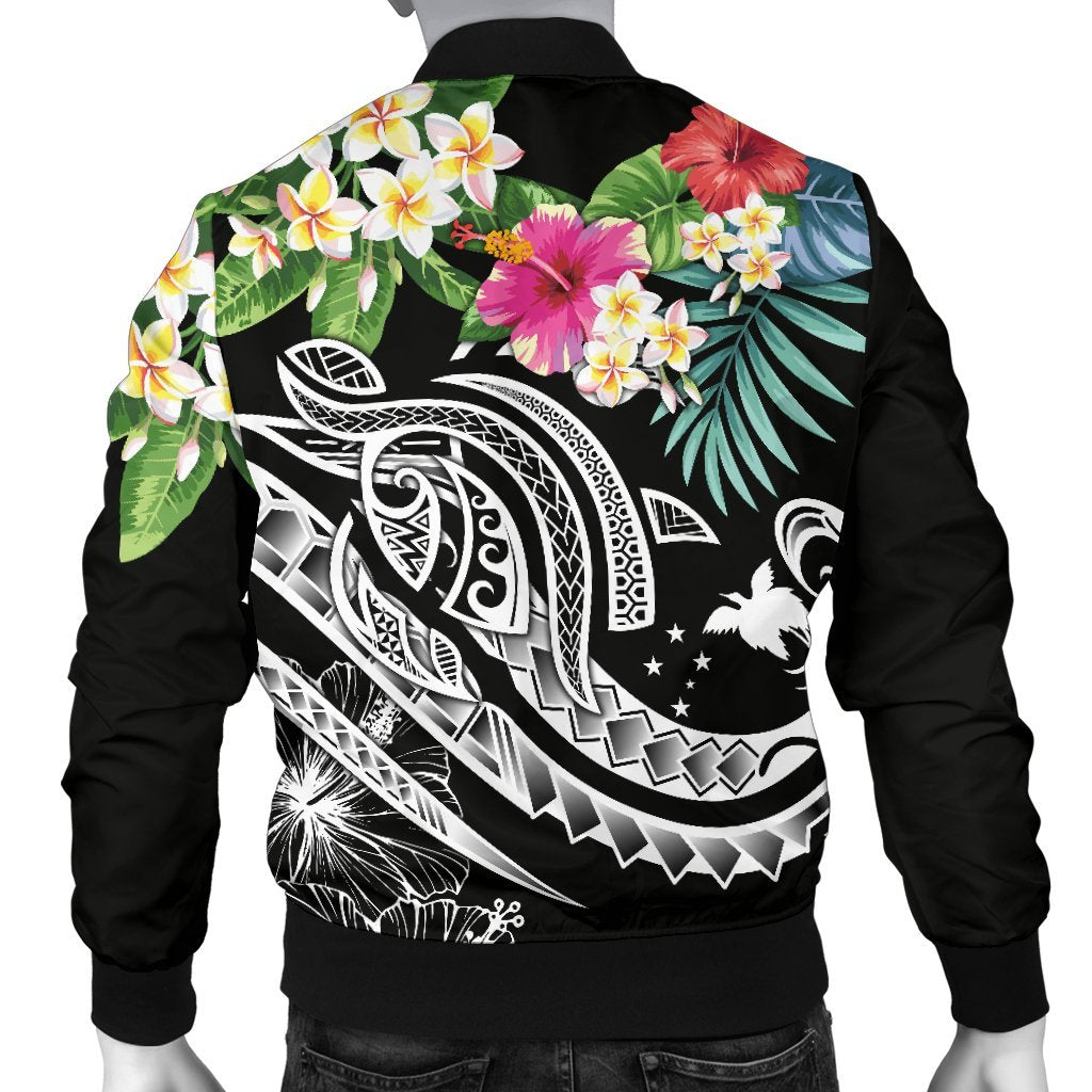 Papua New Guinea Polynesian Men's Bomber Jacket - Summer Plumeria (Black) - Polynesian Pride