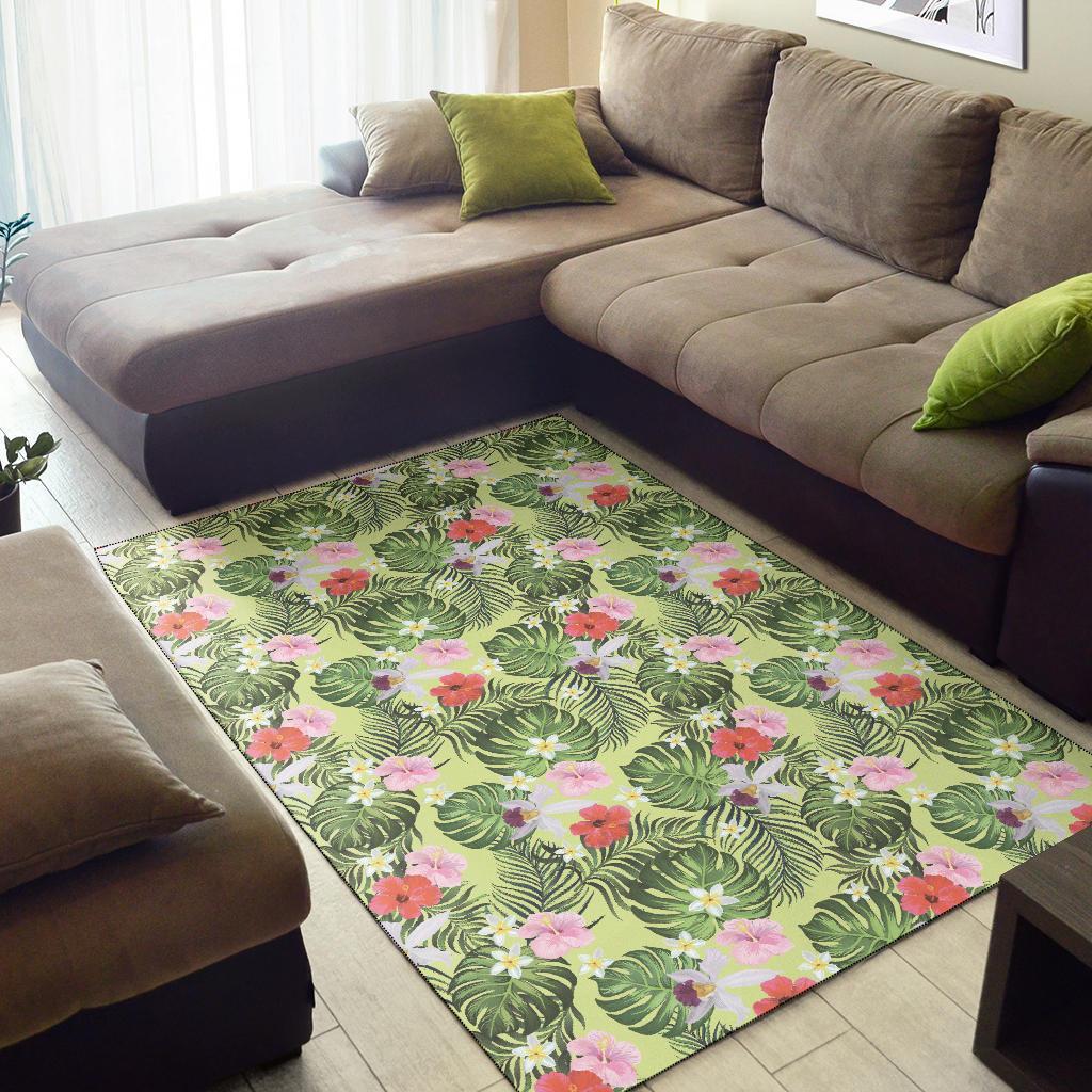 Tropical Hibiscus, Plumeria Green Rug - Polynesian Pride