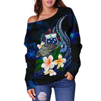 Samoa Polynesian Women's Off Shoulder Sweater - Turtle With Plumeria Flowers - Polynesian Pride