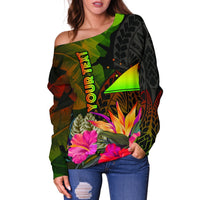 Tokelau Polynesian Personalised Women's Off Shoulder Sweater - Hibiscus and Banana Leaves - Polynesian Pride