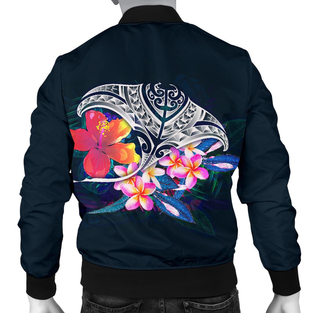 Polynesian Men's Bomber Jacket - Manta Ray And Hibiscus - Polynesian Pride