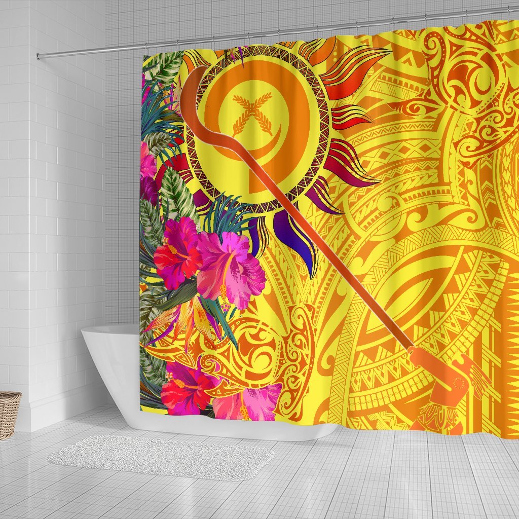 Polynesian Shower Curtains - Vanuatu Symbols With Hibiscus - Polynesian Pride