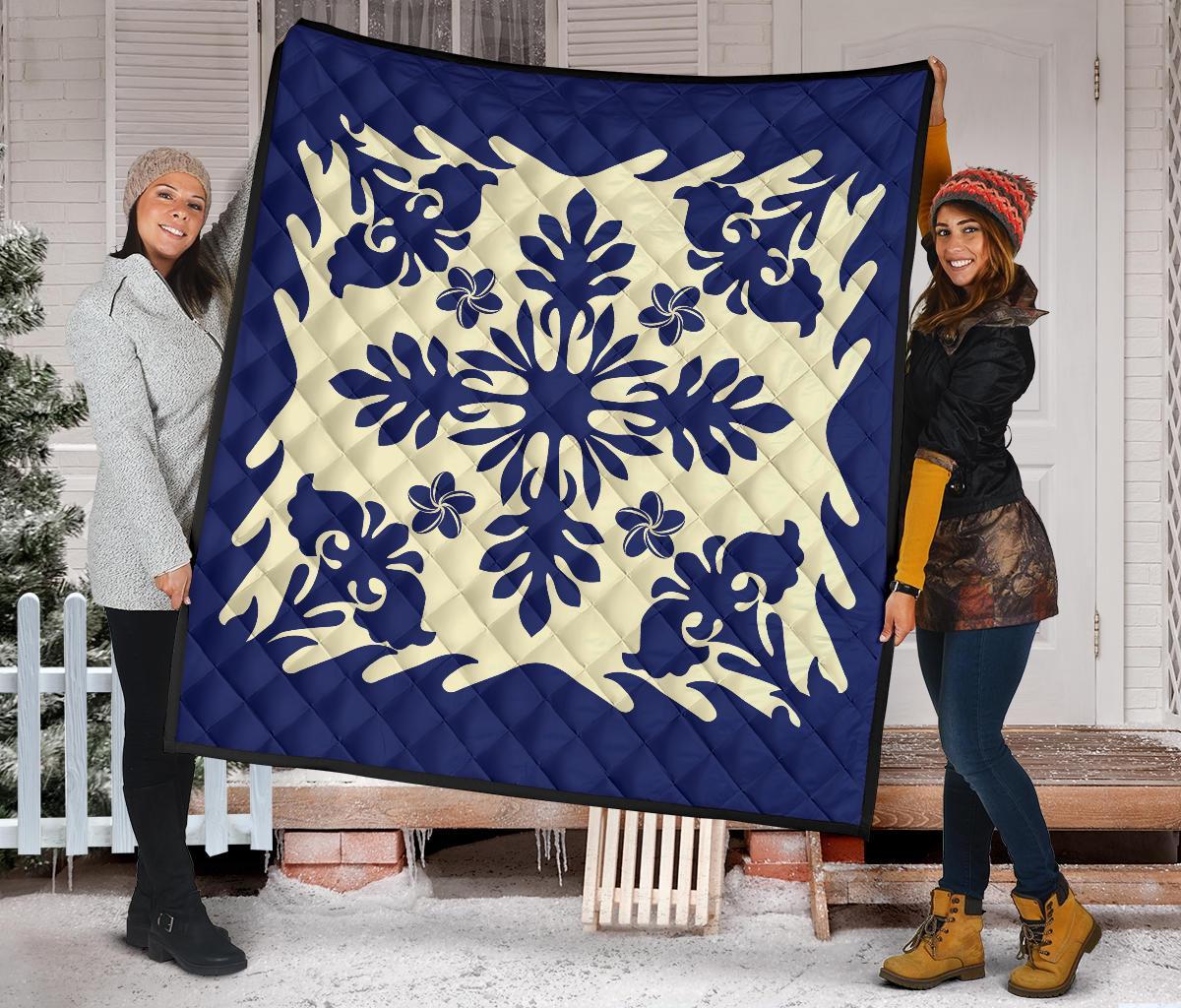 Hawaiian Plumeria Tropical Pattern Premium Quilt - Blue - Argu Style - AH - Polynesian Pride