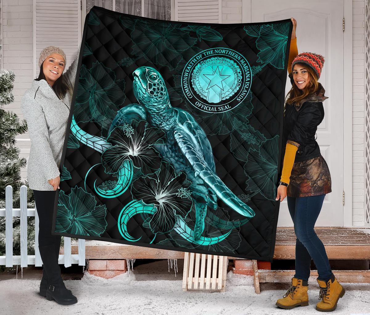 CNMI Polynesian Premium Quilt - Turtle With Blooming Hibiscus Turquoise - Polynesian Pride