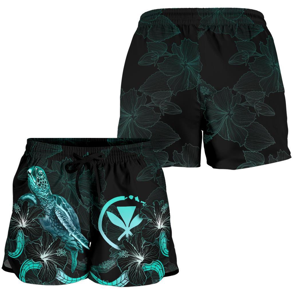 Hawaii Polynesian Women's Shorts - Turtle With Blooming Hibiscus Turquoise - Polynesian Pride