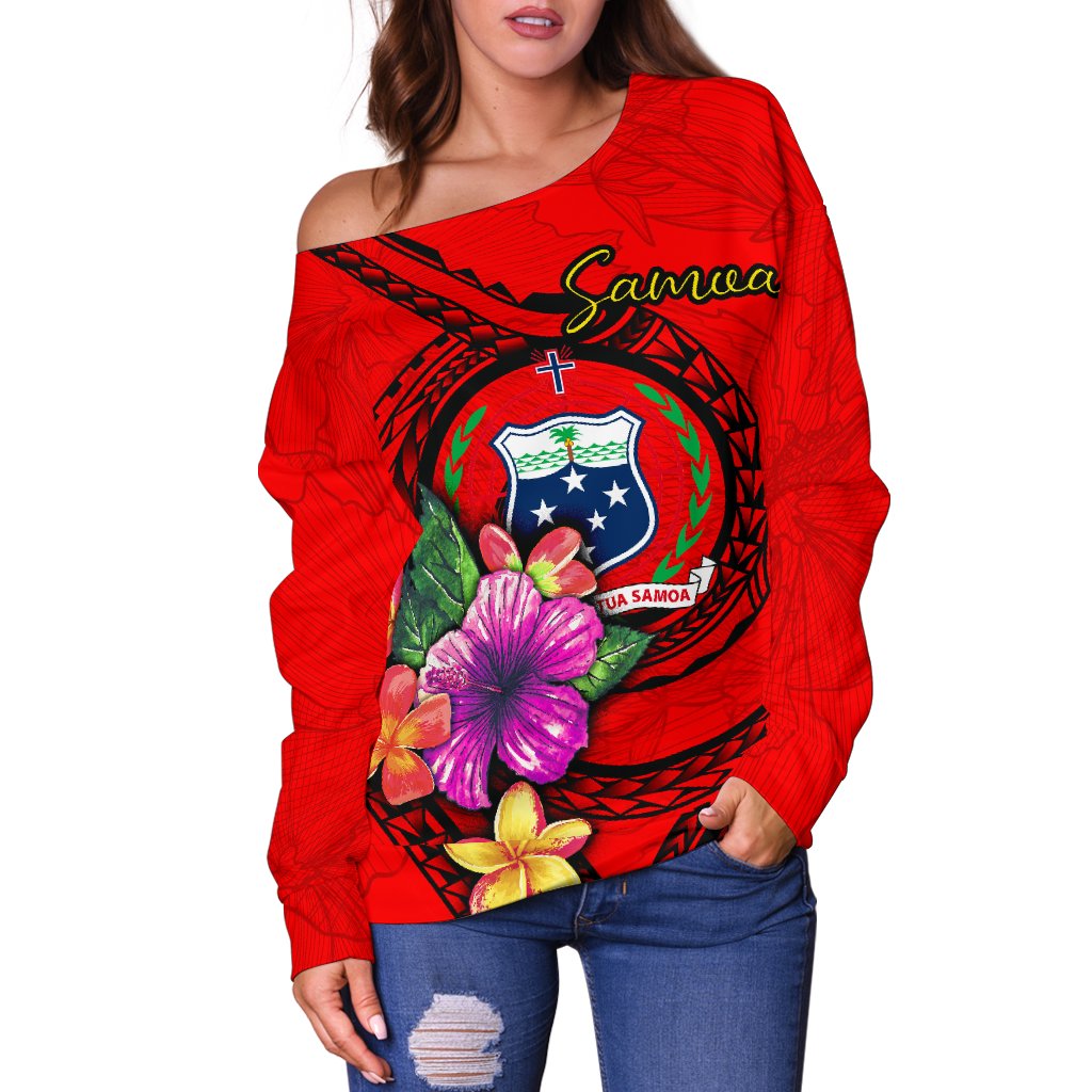 Samoa Polynesian Women's Off Shoulder Sweater - Floral With Seal Red - Polynesian Pride