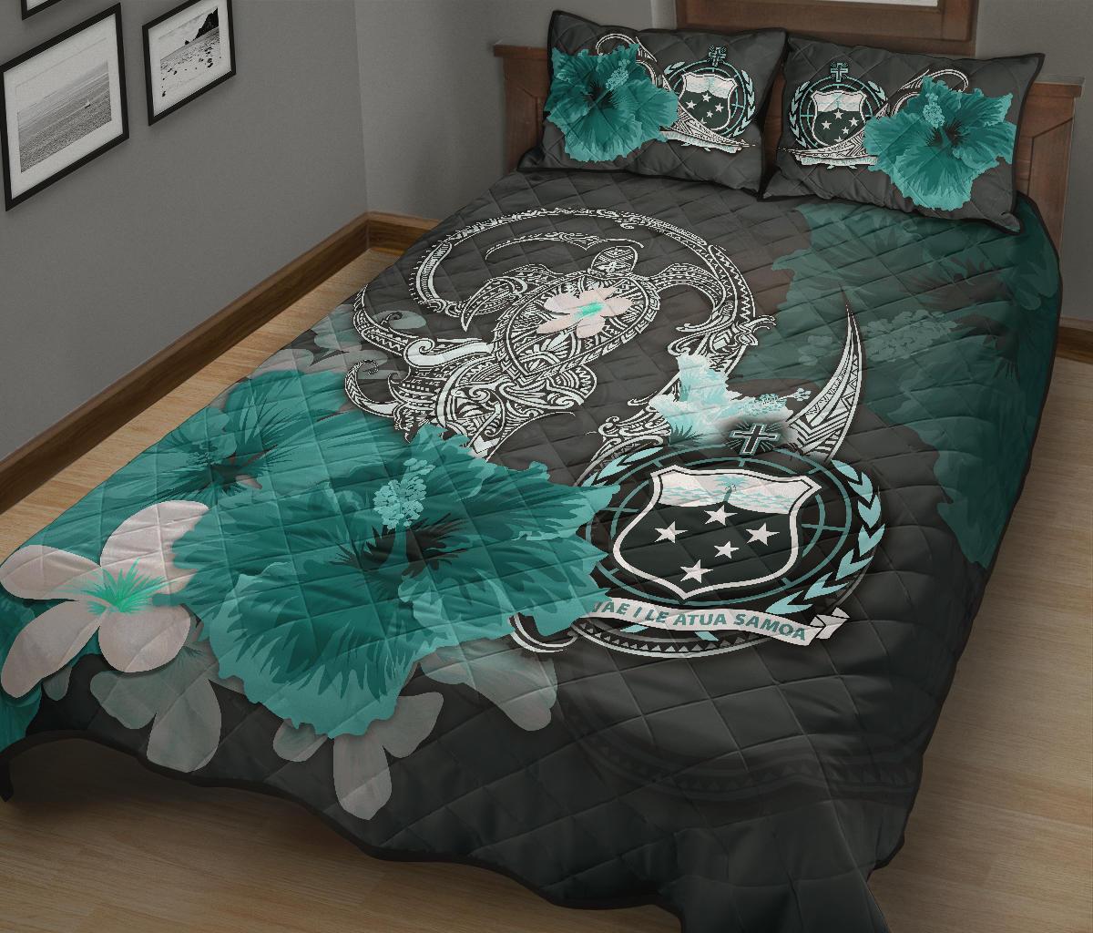 Samoa Quilt Bed Set - Hibiscus Turtle Tribal Turquoise - Polynesian Pride