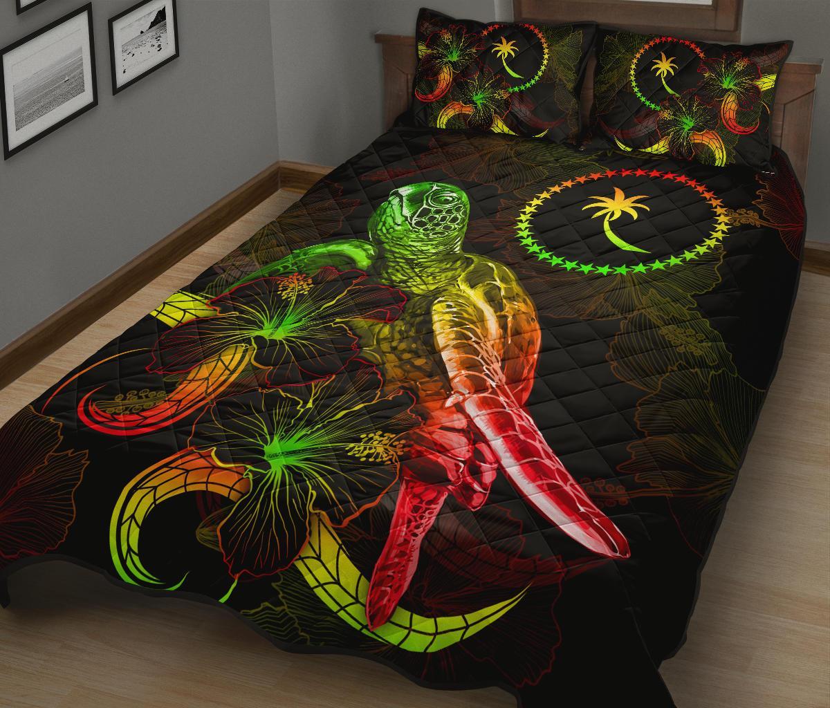 Chuuk Polynesian Quilt Bed Set - Turtle With Blooming Hibiscus Reggae - Polynesian Pride