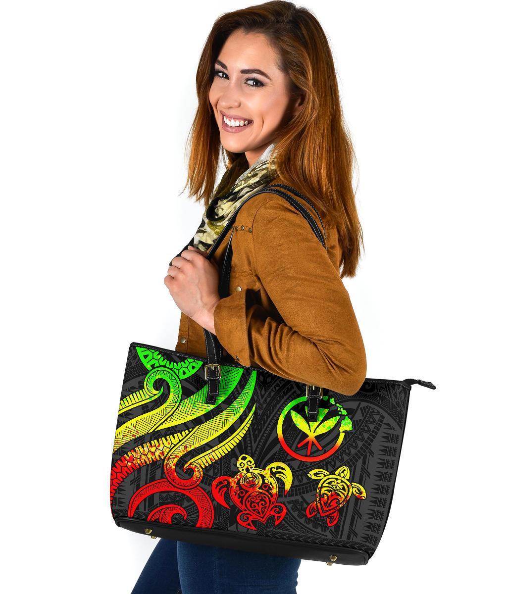 Polynesian Hawaii Large Leather Tote Bag - Reggae Tentacle Turtle - Polynesian Pride