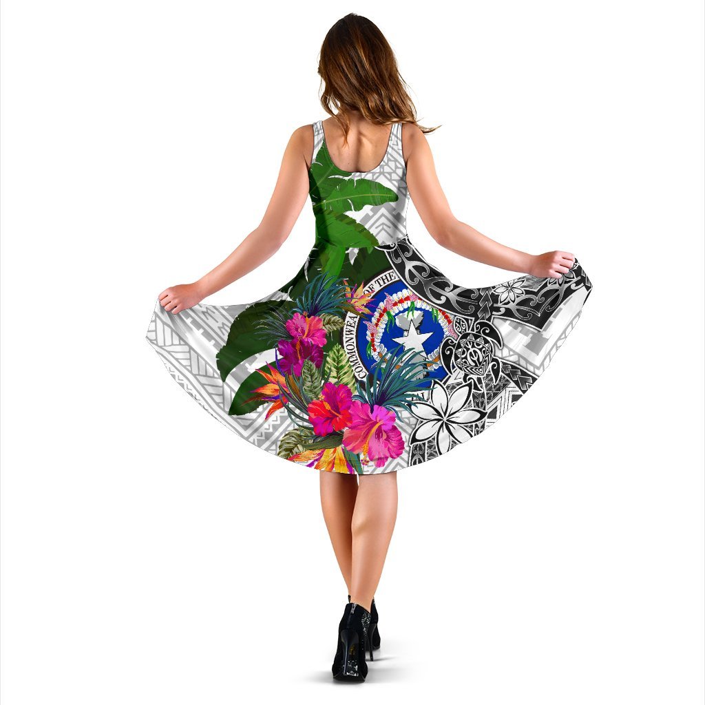Northern Mariana Islands Midi Dress White - Turtle Plumeria Banana Leaf - Polynesian Pride