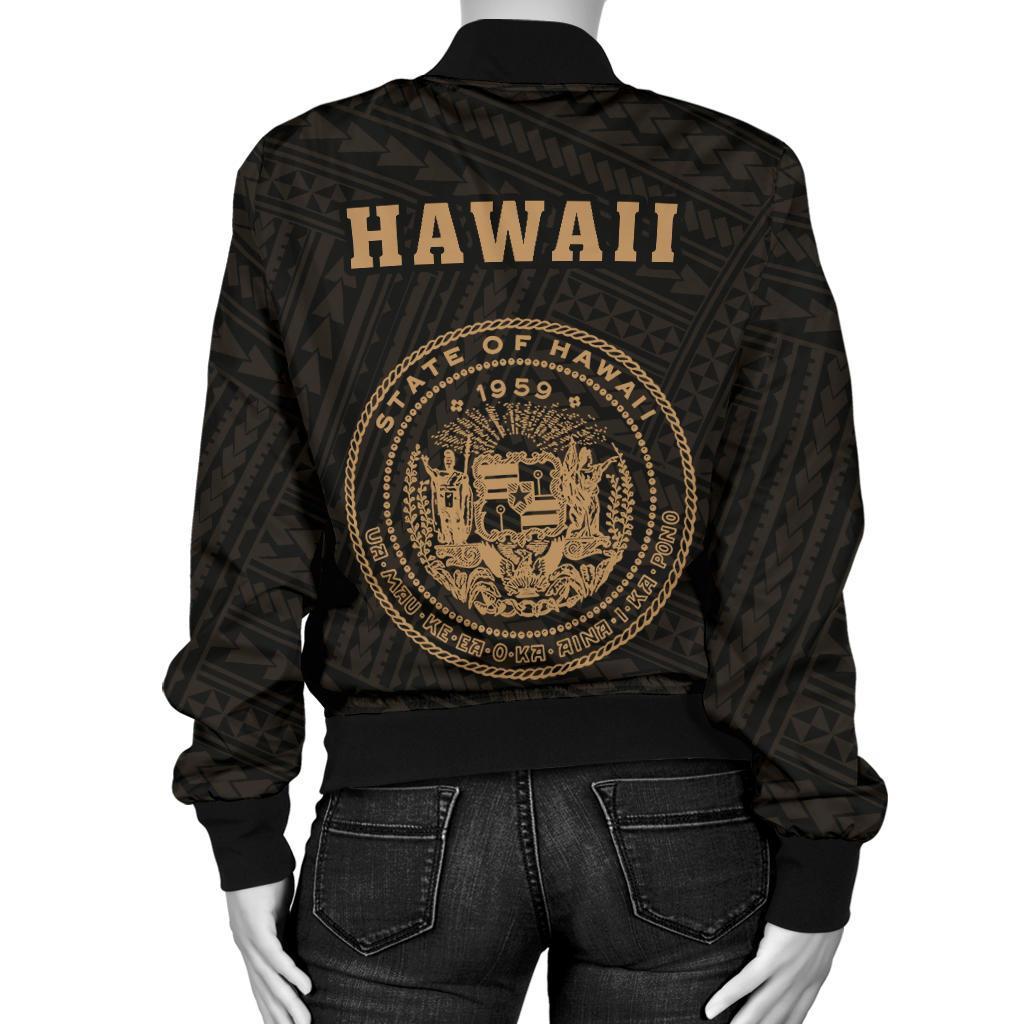 Hawaii Kakau Polynesian Coat Of Arms Women's Bomber Jacket - Gold - Polynesian Pride