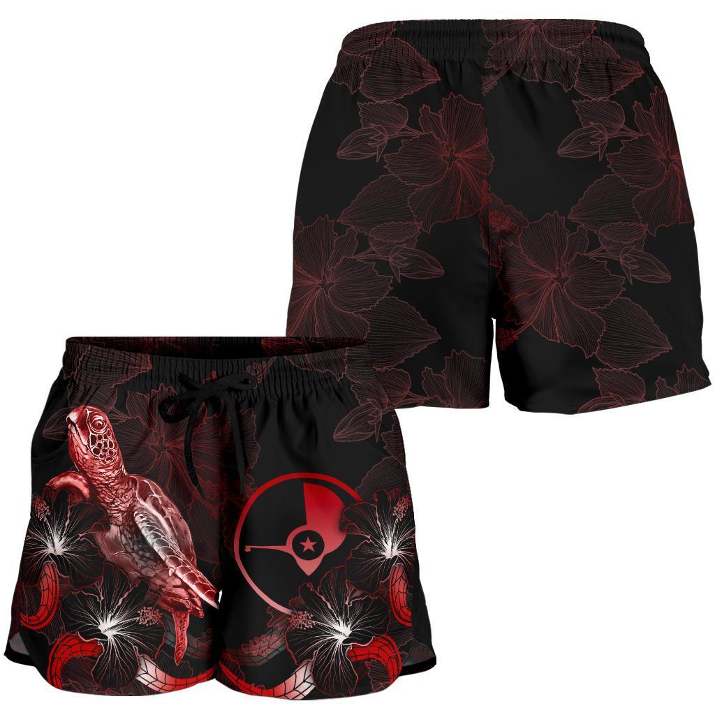 Yap Polynesian Women's Shorts - Turtle With Blooming Hibiscus Red - Polynesian Pride