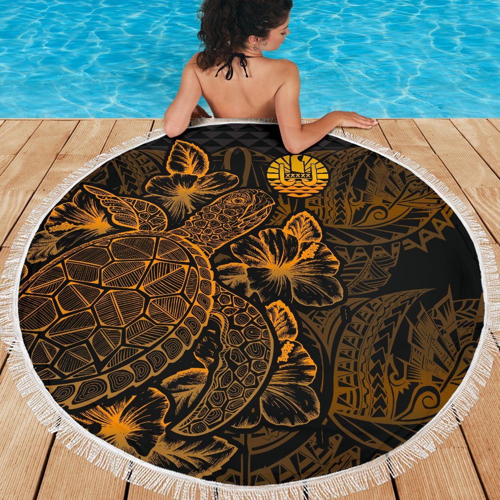 Tahiti Polynesia Beach Blanket Turtle Hibiscus Gold - Polynesian Pride