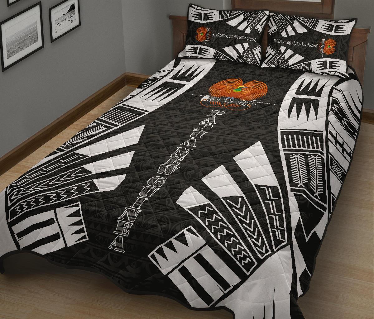 Papua New Guinea Quilt Bed Set - Papua New Guinea Coat Of Arms & Polynesian White Tattoo Style - Polynesian Pride