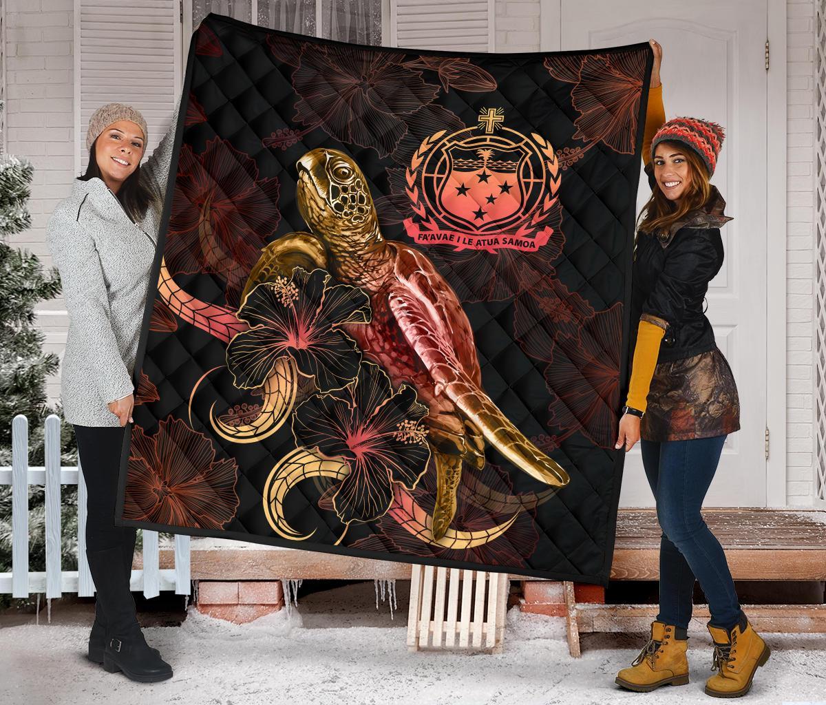 Samoa Polynesian Premium Quilt - Turtle With Blooming Hibiscus Gold - Polynesian Pride