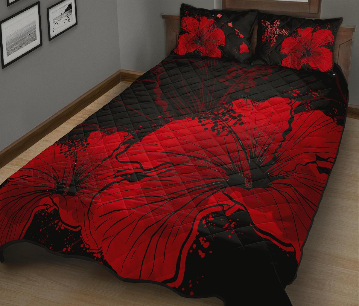 Hawaii Quilt Bed Set - Hawaii Hibiscus Black And Red Quilt Bed Set - Polynesian Pride