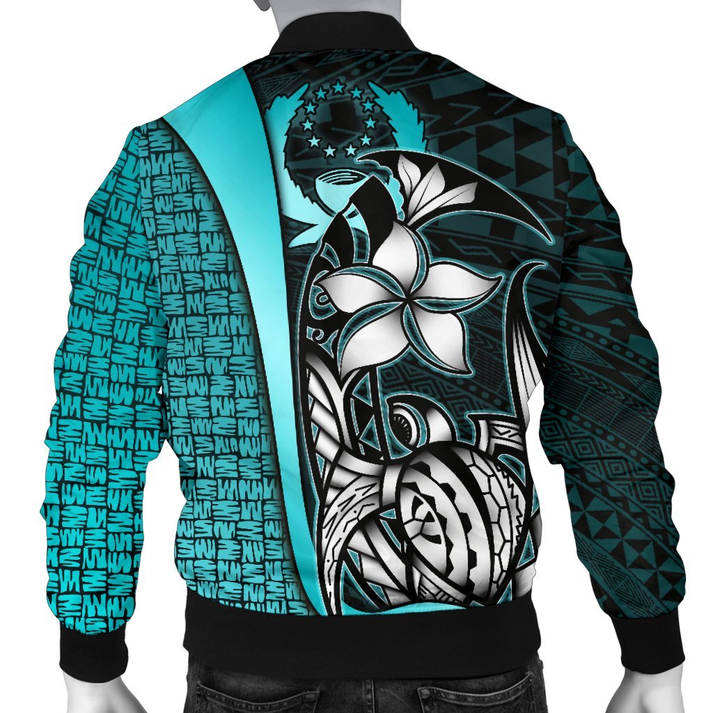 Pohnpei Micronesia Men's Bomber Jackets Turquoise - Turtle With Hook - Polynesian Pride