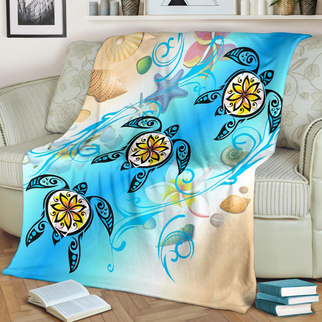 Hawaii Fresh Beach Turtle Plumeria Premium Blanket - AH - Brian Style - Polynesian Pride