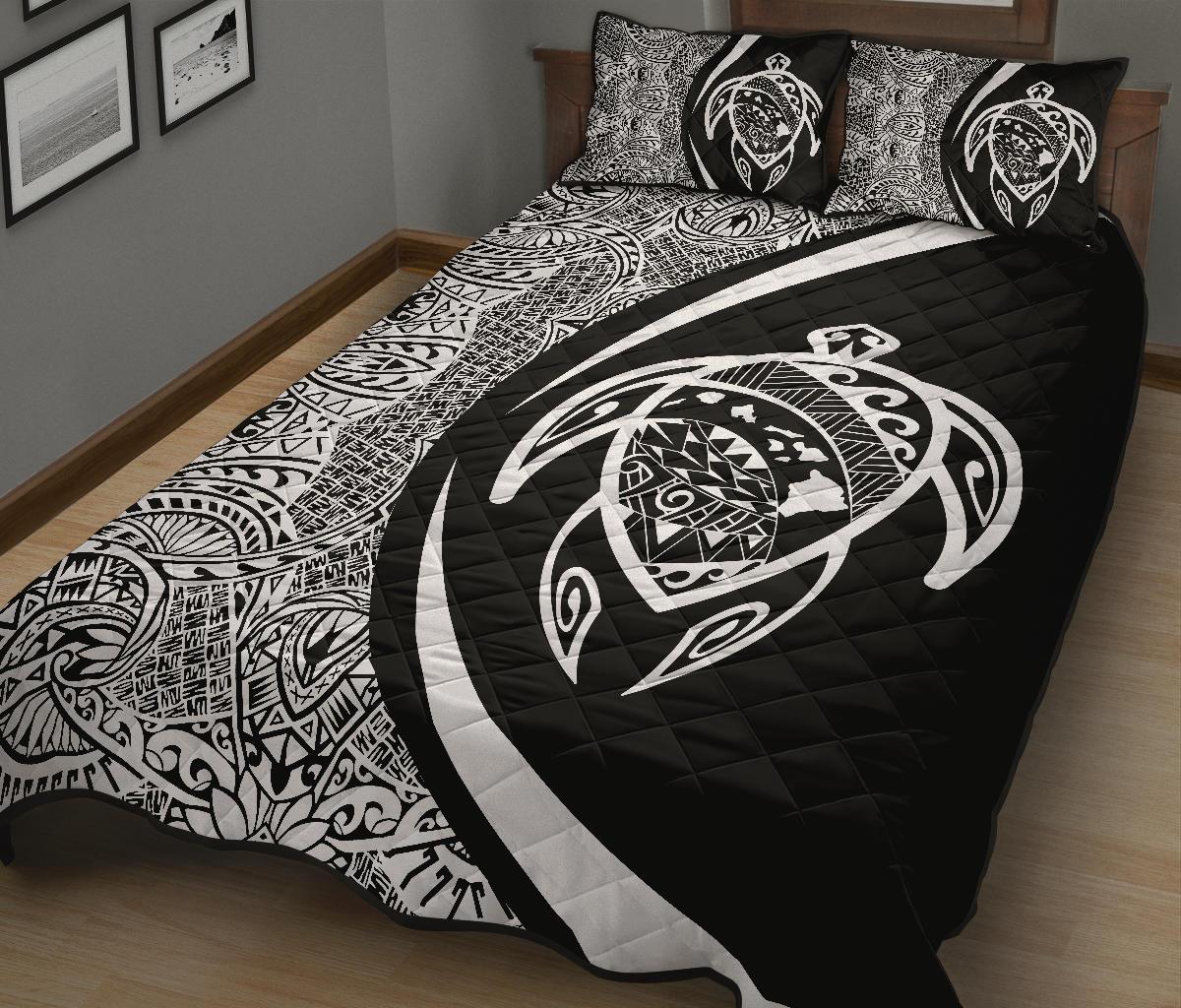 Hawaii Turtle Map Polynesian Quilt Bed Set - White - Circle Style - Polynesian Pride