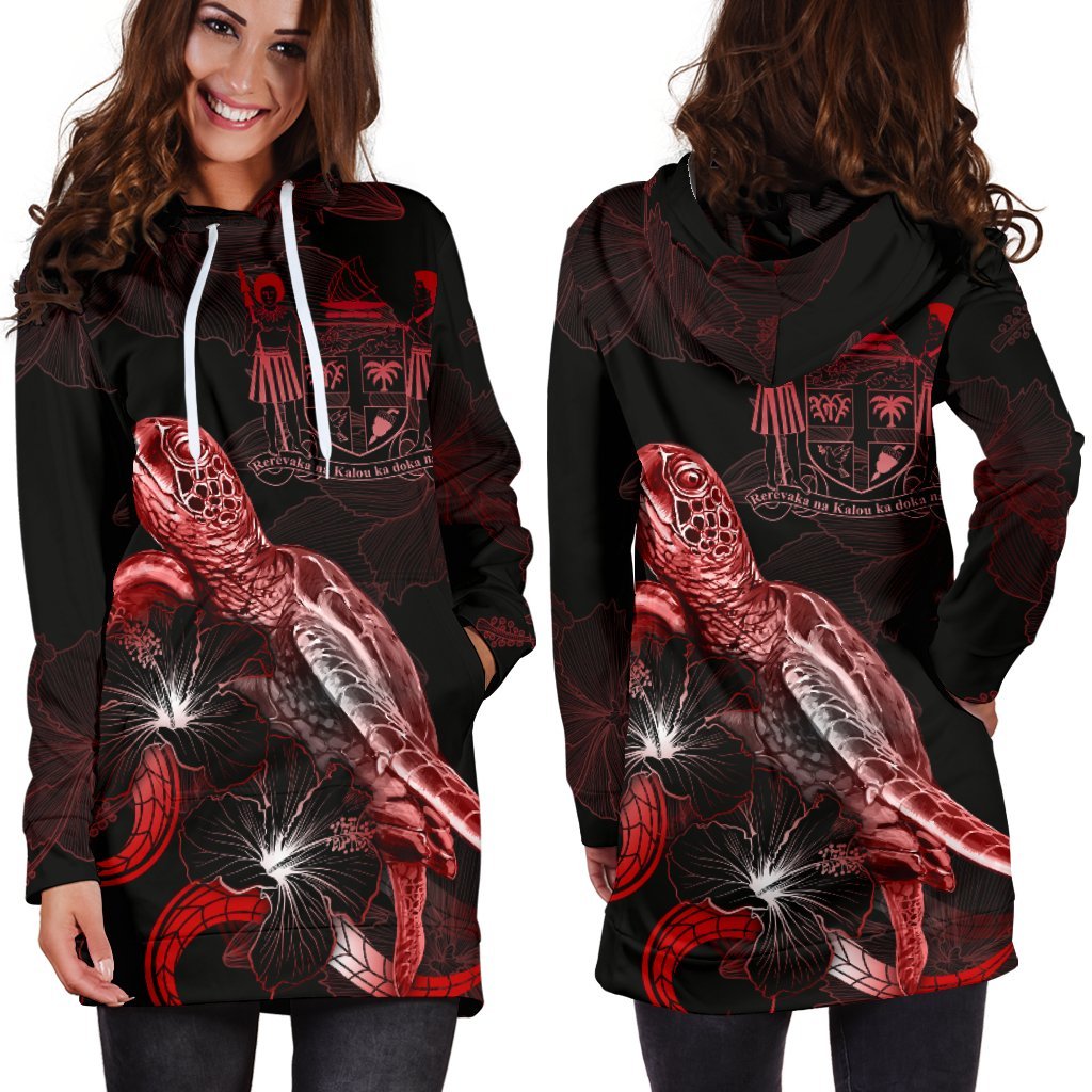 FiJi Polynesian Hoodie Dress - Turtle With Blooming Hibiscus Red - Polynesian Pride