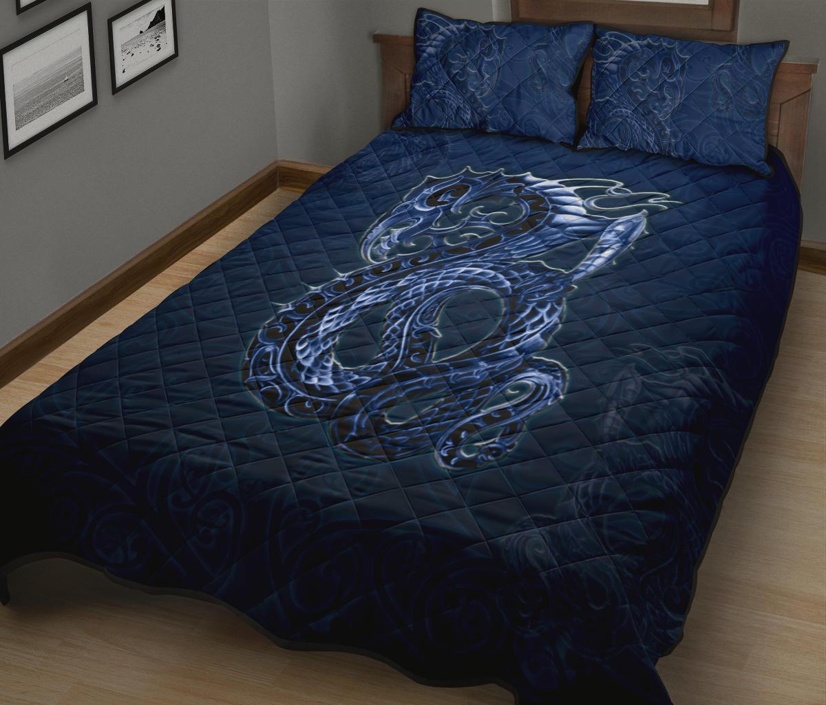 New Zealand Quilt Bed Set, Maori Manaia Quilt And Two Pillow Cases Blue - Polynesian Pride