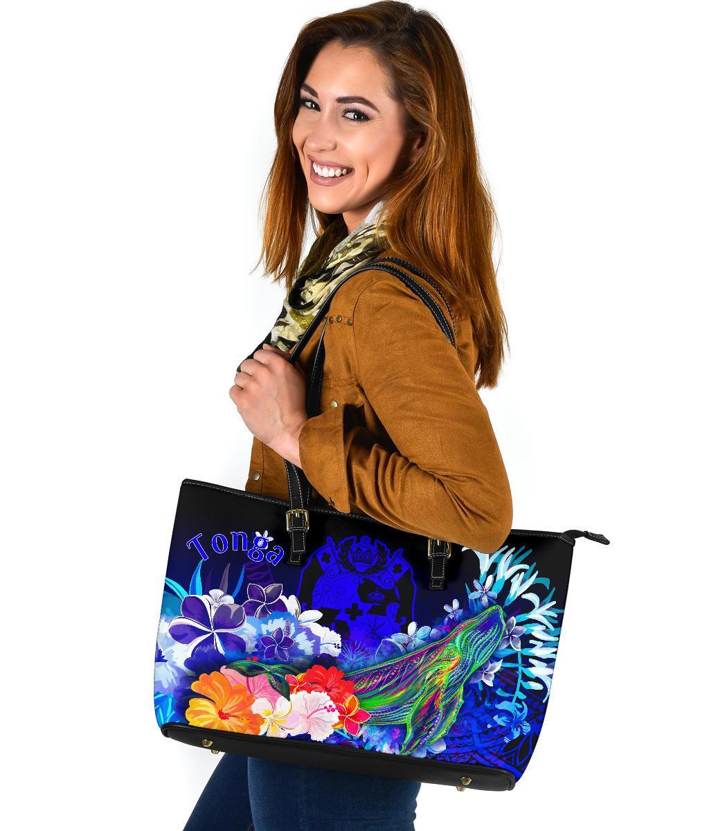 Tonga Large Leather Tote Bag - Humpback Whale with Tropical Flowers (Blue) - Polynesian Pride