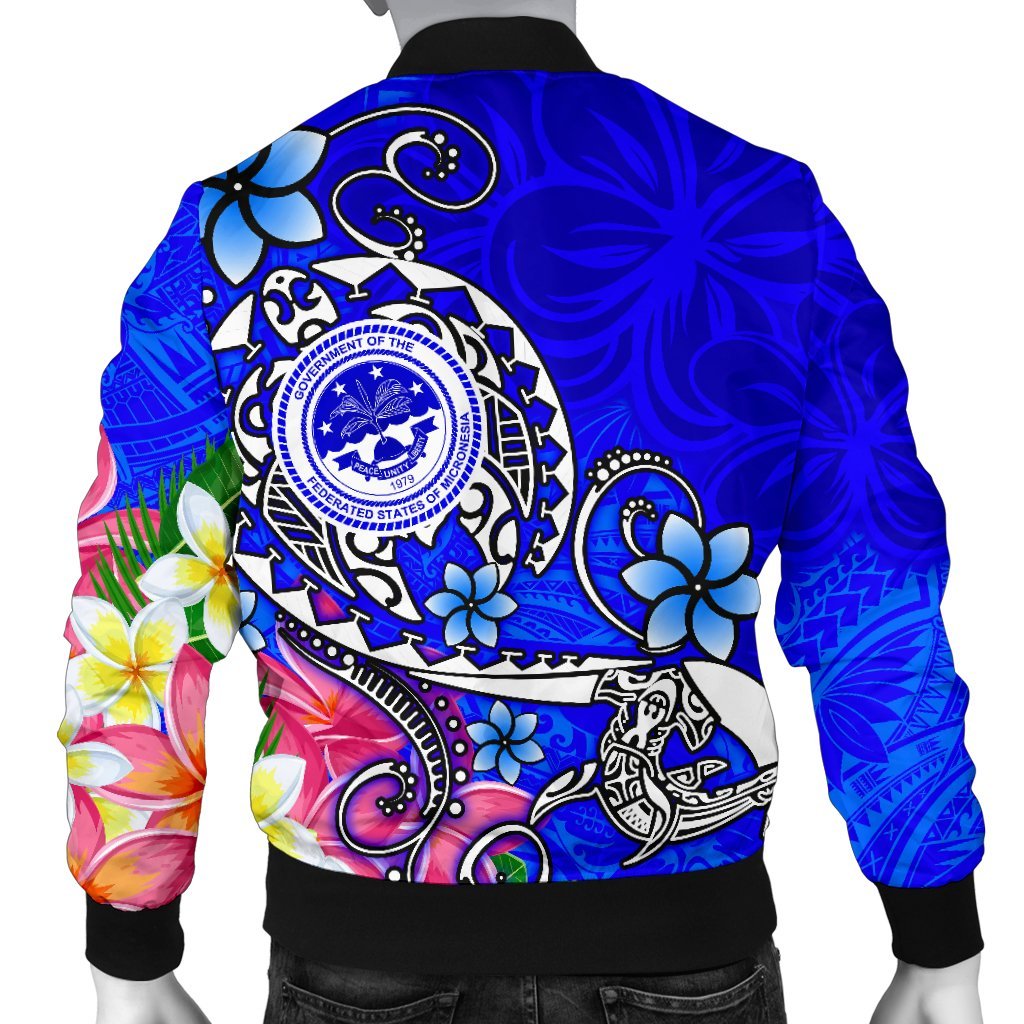 FSM Men's Bomber Jacket - Turtle Plumeria (Blue) - Polynesian Pride